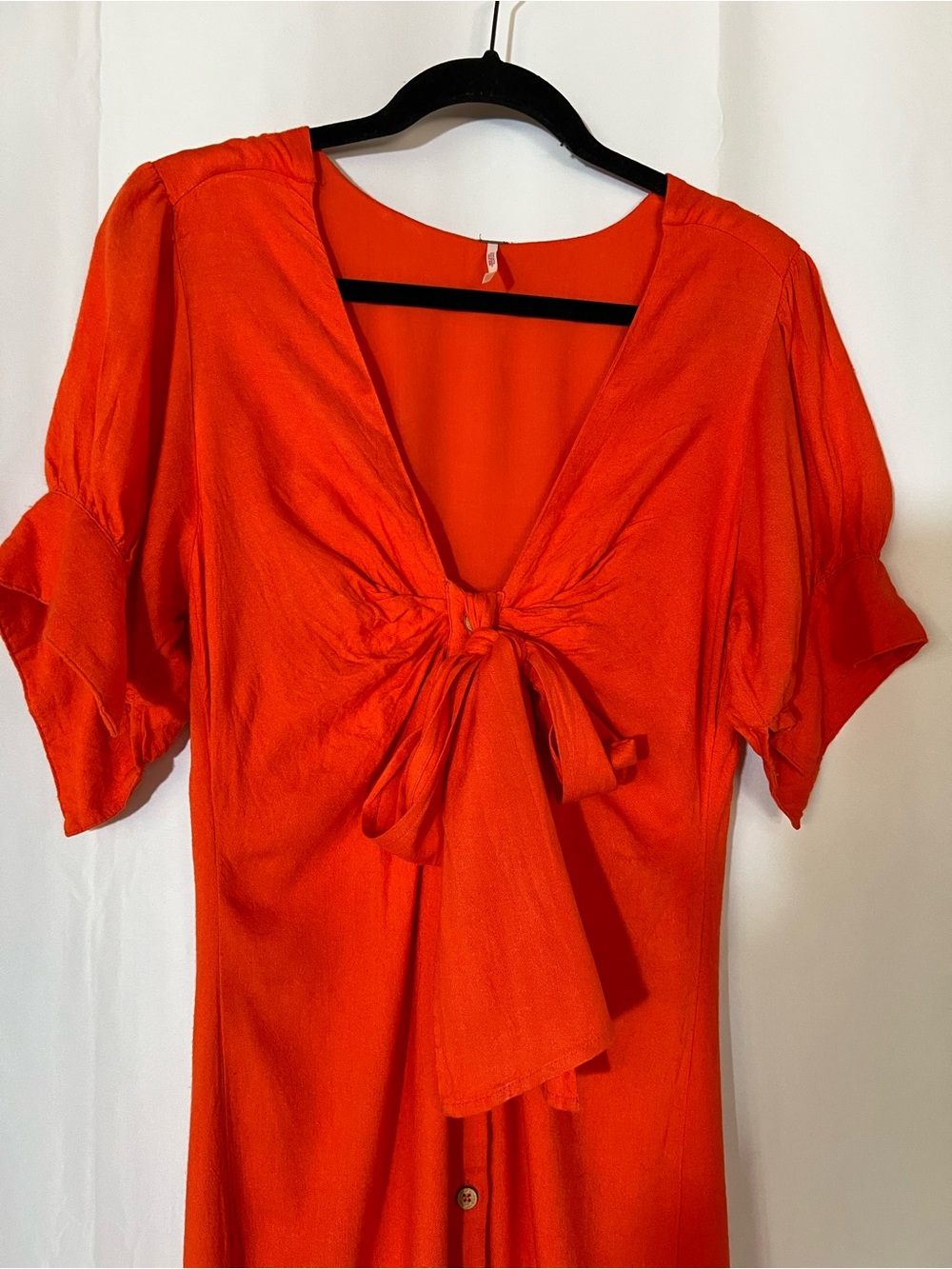 Free People Women's Tie Front V-Neck Bright Orange Linen Blend MIDI Dress Boho M - Picture 3 of 12